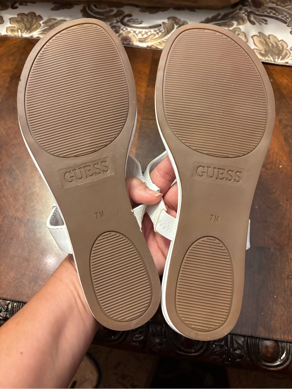 GUESS White Rhinestone Heart T-Strap Sandals - Picture 9 of 10